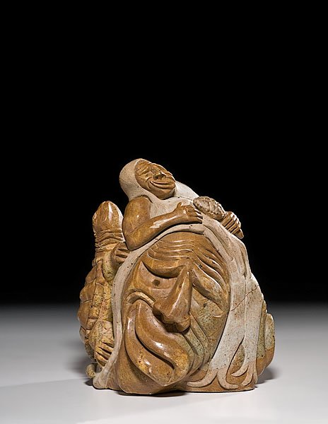 Iroquois Carved Stone False Face Figure with Turtl: Iroquois Carved Stone False Face Figure with Turtle Rattle, ca last quarter of 20th century signed Thomas 198(?), height 13.5" x width 11.5". Figure holds another larger false face and has a large t