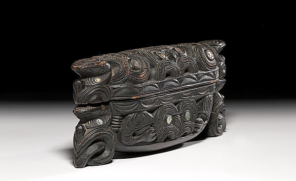 Maori Elaborately Carved and Inlaid Trinket Box, : Maori Elaborately Carved and Inlaid Trinket Box, early 20th century with dense carving of figures that probably represent Maori ancestors. Box with abalone eyes, length 22" x height 9".