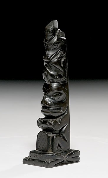 Totem Pole of Black Resin, : Totem Pole of Black Resin, second-third quarter of 20th century, featuring different animals, height 9.75".