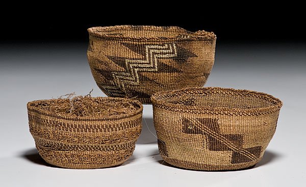 Northeastern California Baskets, : Northeastern California Baskets, ca 1925 lot of 3, all twined, two with full-twist overlay. Includes one with stepped rectangles, height 3.25" x diameter 5"; PLUS another with yellow quills(?)wrappe