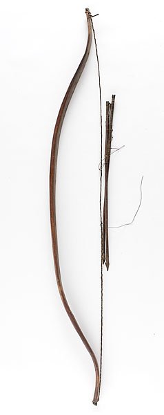 Plains Recurved Bow and Two Arrows, : Plains Recurved Bow and Two Arrows, late 19th century with sinew string, bow length 42.5"; metal tipped arrows, lengths 18".