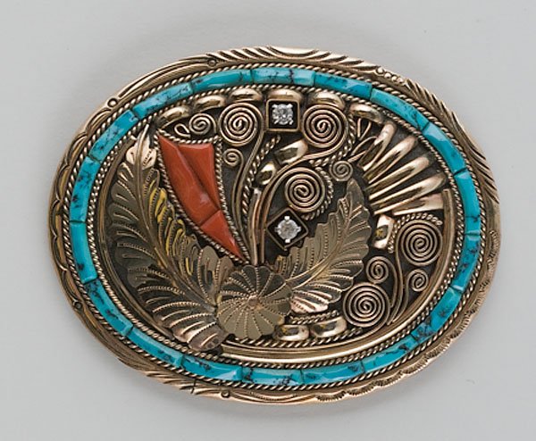 Navajo Gold Fill Buckle with Turquoise, Carved Cor: Navajo Gold Fill Buckle with Turquoise, Carved Coral, and Rhinestones, third quarter 20th century Buckle signed F.T. and G/F for gold fill, length 3.6".
