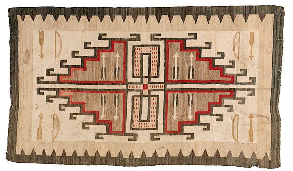 Navajo Western Reservation Weaving, : Navajo Western Reservation Weaving, early 20th century mirrored stepped triangles with hooked devices fill central field; arrows and bows decorate corners, 66" x 38.5".