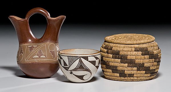 Collection of Southwestern Pottery and Basket, : Collection of Southwestern Pottery and Basket, mid 20th century lot of 3, includes an unsigned Acoma bowl, height 3" x diameter 4"; PLUS a carved Santa Clara redware wedding jar, height 6.5" x width