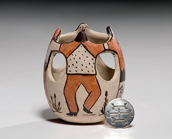Tohono O'Odham Friendship Pot Signed Angea O'Odham: Tohono O'Odham Friendship Pot Signed Angea O'Odham and Early Hopi Pin, second quarter 20th century lot of 2. Polychrome pot shows four figures looking at one another and holding hands, height 4.75" 
