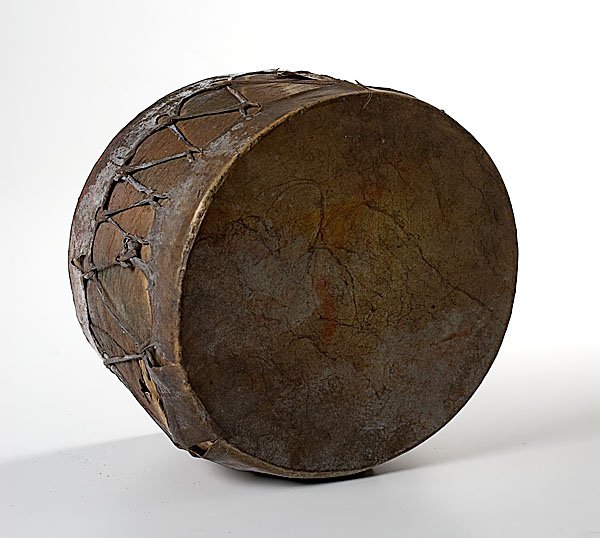 Southwestern Painted Drum, : Southwestern Painted Drum, ca 1900 with painted bentwood frame; painted hide covers and sinew lashings; identification of drum on verso of Dilley's business card Pima Tribe from Southern Arizona, he
