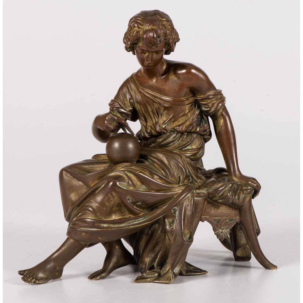 After Jean-Baptiste Moreau (French, 1797-1855): Seated Classical Figure with Compasses bronze signed Moreau Height 10 1/2 x width 10 inches.
