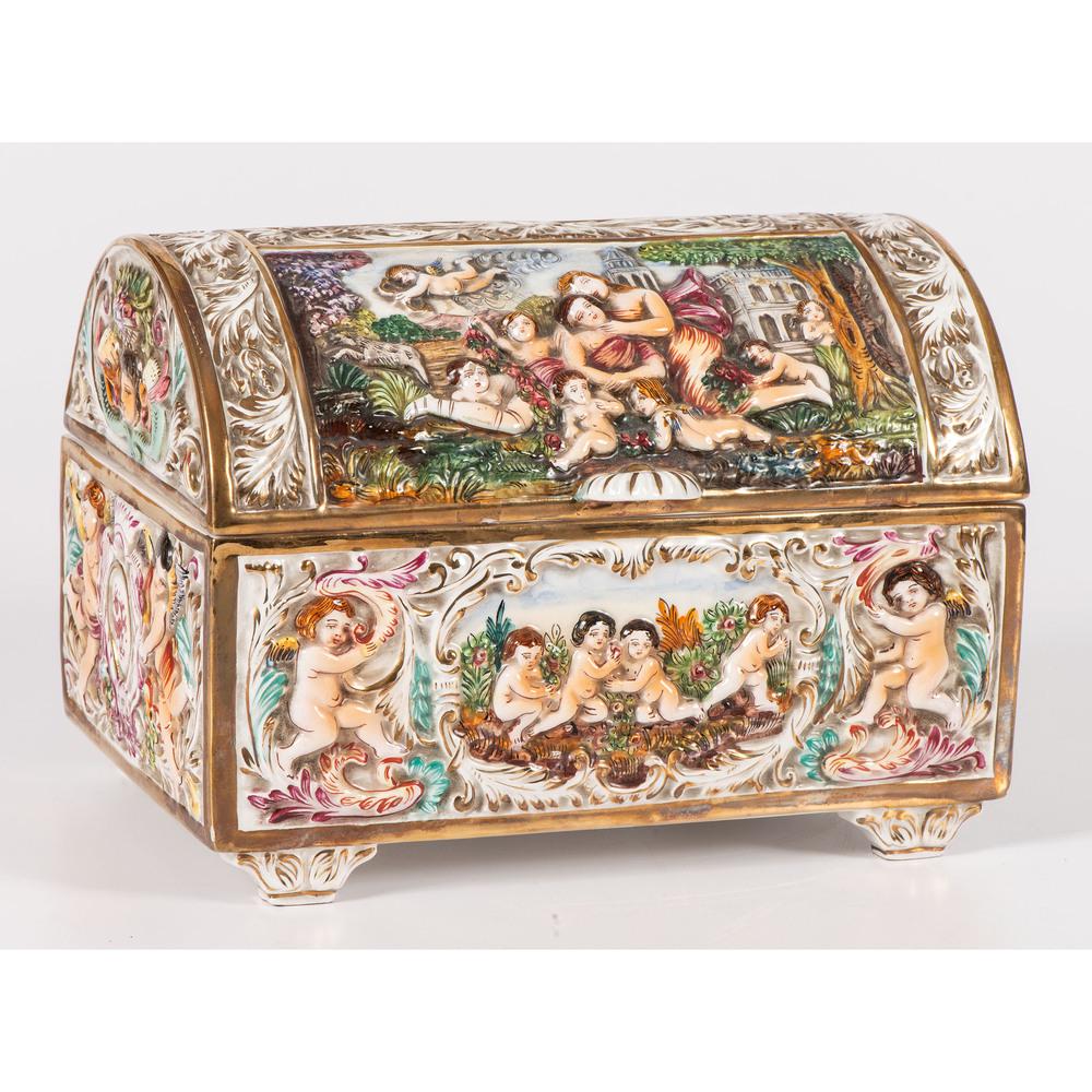A Capodimonte-style Porcelain Casket: Italian, 20th Century with G.B.R. Capodimonte mark to underside. Height 7 x width 10 x depth 6 3/4 inches.