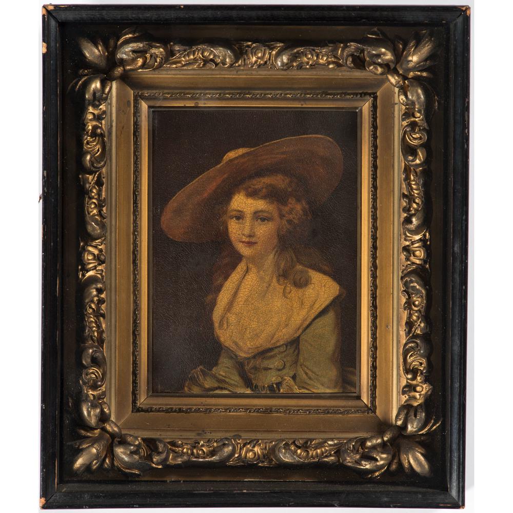 A Portrait of a Girl with Hat: print laid on tin set in a shadow box frame. tin sheet: 7 1/2 x 5 1/2 inches.