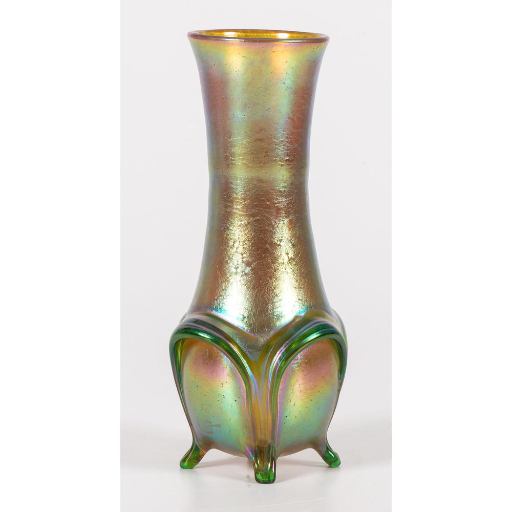 A Loetz Iridescent Art Glass Vase: Continental an Unknown Décor (variant of Phaenomen genre 1/844) footed vase. unmarked. Height 9 1/2 inches.