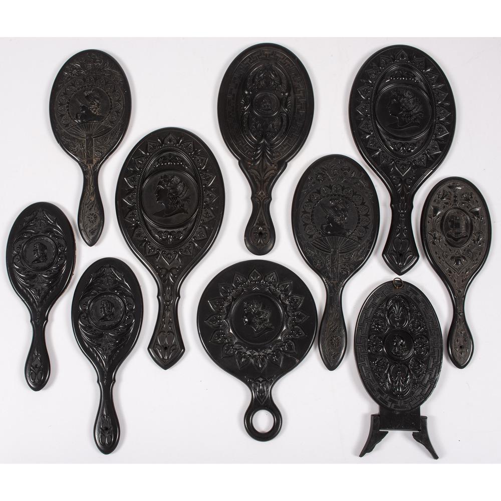 Ten Thermoplastic Hand Mirrors with Portraits: Ten Thermoplastic Hand Mirrors with Portraits in Profile Length of largest 12 inches. Provenance: Marvin Lieber Collection of Early Photographica