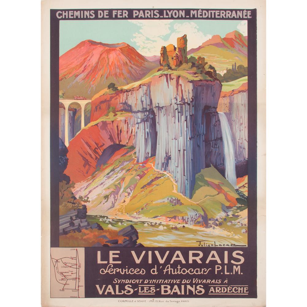 Julien Lacaze (French, 1886-1971) Le Vivarais: Chemins de Fer Paris_Lyon_Méditerranée ca. 1925 artist's name printed in image; printed Cornille & Serre, Paris 42.5 x 30.75 in. Provenance: Property of a Midwestern Art Museum