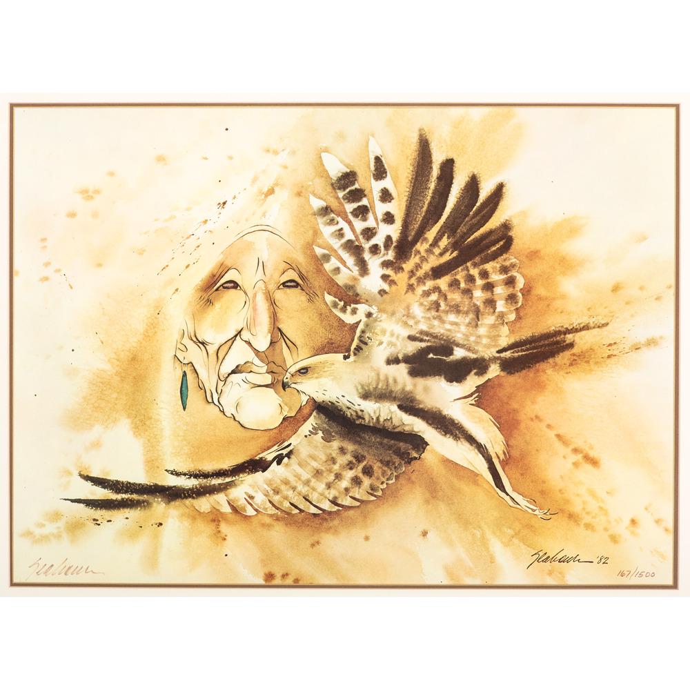 Bert Seabourn (American, b. 1931): Indian Figure and Eagle limited edition print signed in plate and numbered 167/1500 lower right sight: 20 3/4 x 28 3/4 inches.