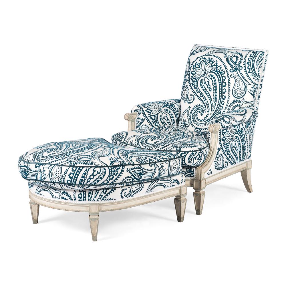 A Louis XVI Style Cream-Painted Duchesse Brisee: French, Circa 1940s with newer upholstery and distressed painted frame. Height of chair 35 inches. Height of ottoman 17 x length 33 x width 29 inches.