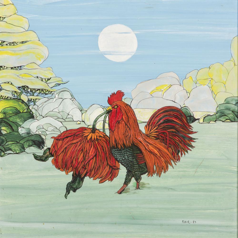 Fleur Cowles (American, 1908-2009): Rooster Flowers, 1983 oil on board signed Fleur and dated lower right board: 18 x 18 inches.
