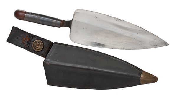 Model 1873 Trowel Bayonet, : Model 1873 Trowel Bayonet, leather scabbard with U.S. marked brass rosette. Estate of Art Bedner