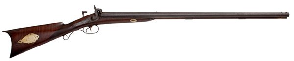 Double Barrel Percussion Combination Rifle/ Shotgu: Double Barrel Percussion Combination Rifle/ Shotgun, ca .42 caliber rifle barrel, 16 gauge shotgun barrel, brass patchbox and inlay, tang target sight.