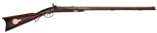 Double Barrel Percussion Combination Gun by Gilber: Double Barrel Percussion Combination Gun by Gilbert & Bales of Penn Van, NY, .40 caliber rifle barrel, 20 gauge shotgun barrel, 30" barrels, walnut half-stock, brass patch box, barrel marked Gilbert