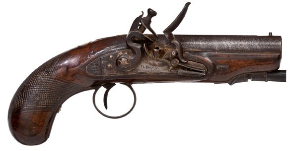 English Flintlock Overcoat Pistol, : English Flintlock Overcoat Pistol, 3.75" Damascus twist barrel with a flat bead sight. Flat beveled lockplate with a stepped tail, steel spring with a roller, waterproof pan and a beveled cock. Lock