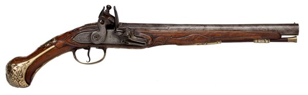 Turkish Flintlock Holster Pistol, : Turkish Flintlock Holster Pistol, ca 1820-1830. .550 bore diameter, 12.25" round barrel with a sighting flat and a brass bead front sight. Breech with a possible maker's mark and a shaped and engrav