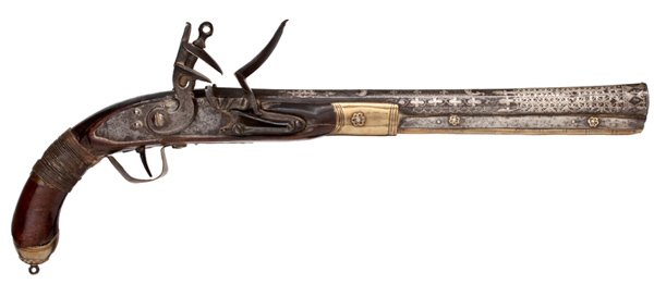 Turkish Flintlock Pistol, : Turkish Flintlock Pistol, .50 caliber, 12.5" flared octagonal-to-round with under rib. Barrel is fully covered with silver inlayed and brass rosettes decorations. Wood stock with brass furniture.