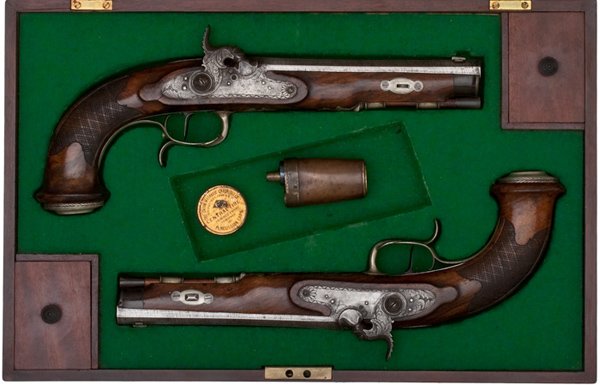 German Percussion Pistols by G.A. Gruber in Suhl, : German Percussion Pistols by G.A. Gruber in Suhl, ca 1835. .50 caliber rifled, 7.5" octagonal barrels. Swamped, Damascus pattern barrels are signed G.A. Gruber in Suhl. Barrels are rifled with eight
