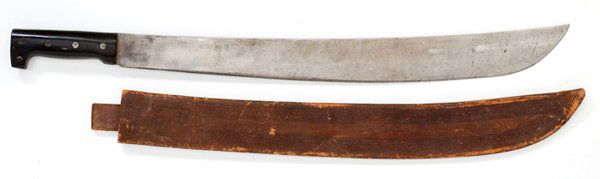 Collins & Co 1941 Machete, : Collins & Co 1941 Machete, 21.5" blade with ricasso stamped Legitimus Collins & Co. Made in U.S.A. No. 128 1941.Leather scabbard with tooling with scrolls and stamped Collins & Co. Legitimus.
