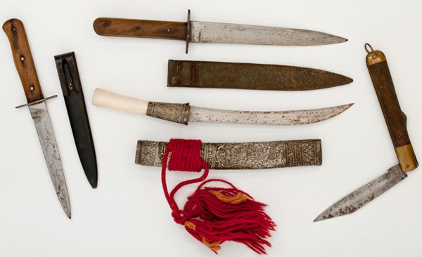 Lot of Four Knives, : Lot of Four Knives, one ivory handled tourist knife with ornate silver scabbard. A German and an Austrian wood handled combat knife. Plus a folding pocket knife.