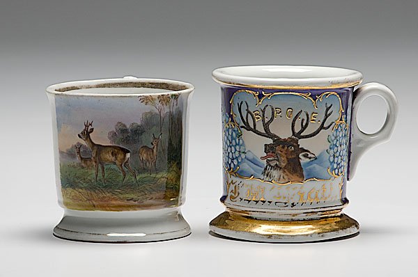 Lot of Two Wildlife and Fraternal Shaving Mugs, : Lot of Two Wildlife and Fraternal Shaving Mugs, both porcelain. First with polychrome scene of three deer in a clearing. Second mug porcelain, with polychrome scene of elk head with B.P.O.E. in gilt