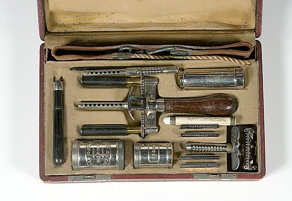 A Gentleman's Early 20th Century Shaving Kit, : A Gentleman's Early 20th Century Shaving Kit, a fine and complete kit by Kampfe Bros., New York, many items of which were patented in 1882, with safety razor, 4 blades, collapsible travel shaving br