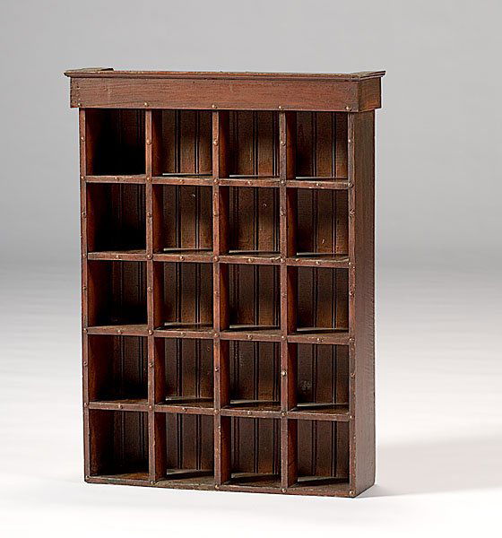 Mission-Style Grained Shaving Mug Cabinet, : Mission-Style Grained Shaving Mug Cabinet, standing 33.25" tall, 24.5" wide, and 7.7" deep. With 20 compartments for shaving mugs.