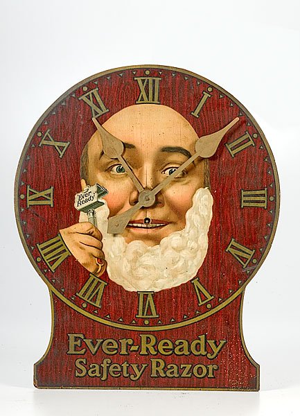 Ever-Ready Safety Razor Advertising Wall Clock, : Ever-Ready Safety Razor Advertising Wall Clock, with painted scene of a smiling lathered man using an ever-ready safety razor. Clock has Roman numerals and Ever-Ready Safety Razor on bottom of clock