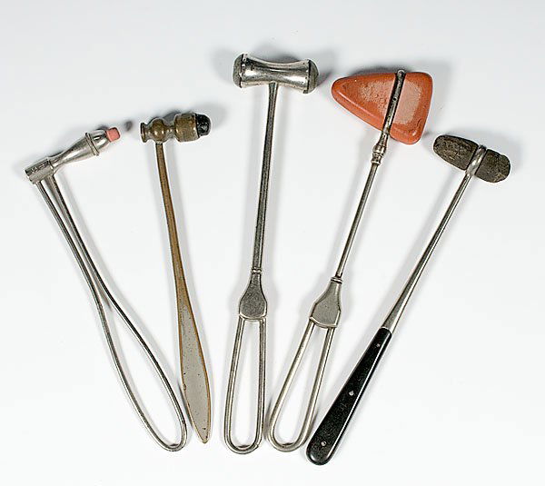 Reflex Hammers, : Reflex Hammers, a lot of 5 early to mid-20th century reflex hammers ranging in size from 8.5" to 7". Four have rubber tips and one is all metal. One with a broad handle is marked Mueller & Co., and
