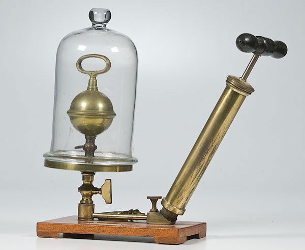 British Vacuum Pump, : British Vacuum Pump, a fine pump with label reading W. & J. George LTD Birmingham F.E. Becker & Co London, E.C.1. Includes brass pump with ebony-handled plunger and mahogany base. Includes hand-blow