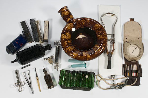 Large Lot of Medical Vessels, Bottles and Other Co: Large Lot of Medical Vessels, Bottles and Other Containers, including a a brown mottled stoneware bedpan with urinal spout, a cobalt blue poison bottle, a hand-blown IV glass with etched numbers, se