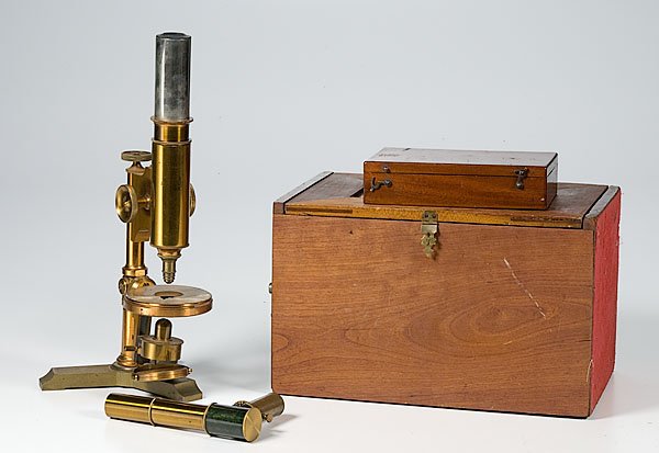 Cased 19th Century Microscope and Spectroscope, : Cased 19th Century Microscope and Spectroscope, lot of two. Includes one brass microscope in a mahogany case. Microscope reads Bausch & Lomb Optical Co. Patent date reads Oct 31, 1876 and Oct 13, 18