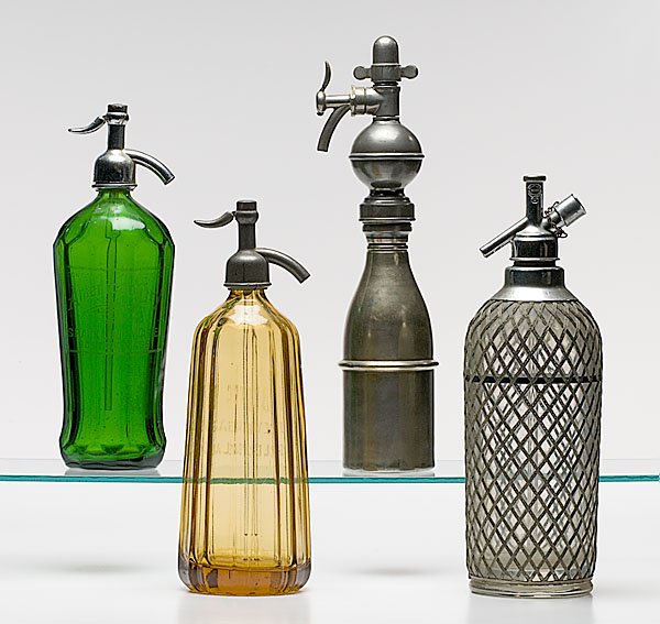 Lot of Seltzer Bottles, : Lot of Seltzer Bottles, lot of four (4). Includes one yellow glass seltzer bottle marked Big Boy Beverages on front of bottle and spigot. Marked Made in Czecho-Slovakia on underside of base; 12.5" i