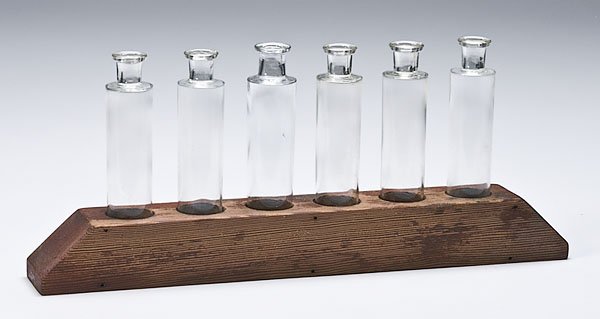 Blown Glass Apothecary Tubes in Wood Stand, : Blown Glass Apothecary Tubes in Wood Stand, lot of six blown glass apothecary tubes fitting into a wooden display stand.