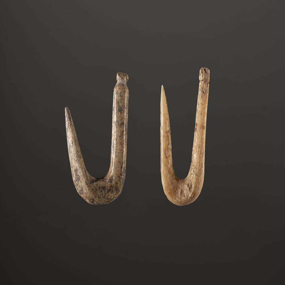 A Pair of Bone Fish Hooks, Largest 1 in.: Archaic - Early Woodland Period, 8000-100 B.C. lot of 2, longest 1 in. Collection History: Gerber Collection Numbers: AG.SB125 & AG.SB127 Published: Gerber, Art, The Art Gerber Story, 2007, pg. 117, f