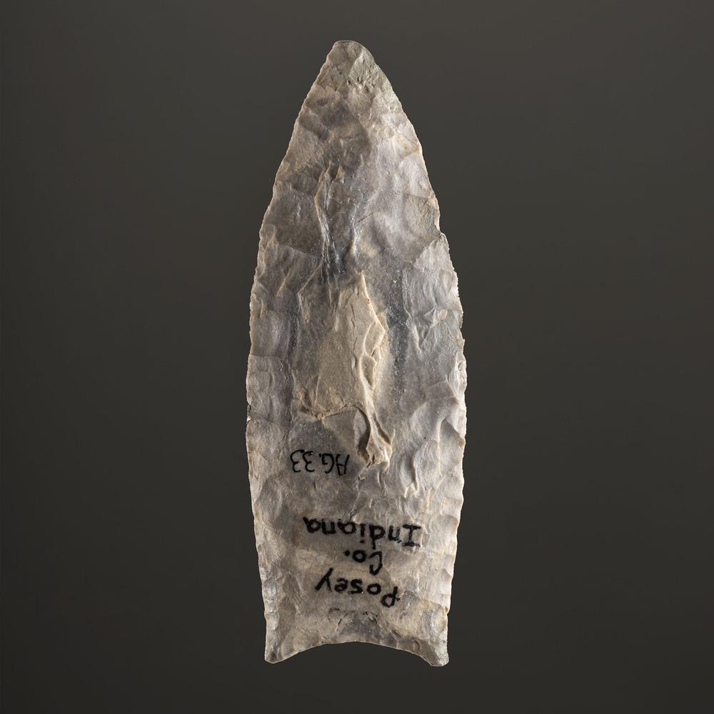 A Clovis Point, 3-1/8 in.: Paleo Period, 13,000-7000 B.C. Posey County, Indiana Expertly restored base and tip. length 3-1/8 in. Collection History: Gerber Catalog Number: AG.33 Published: Gerber, Art, The Art Gerber Story, 200