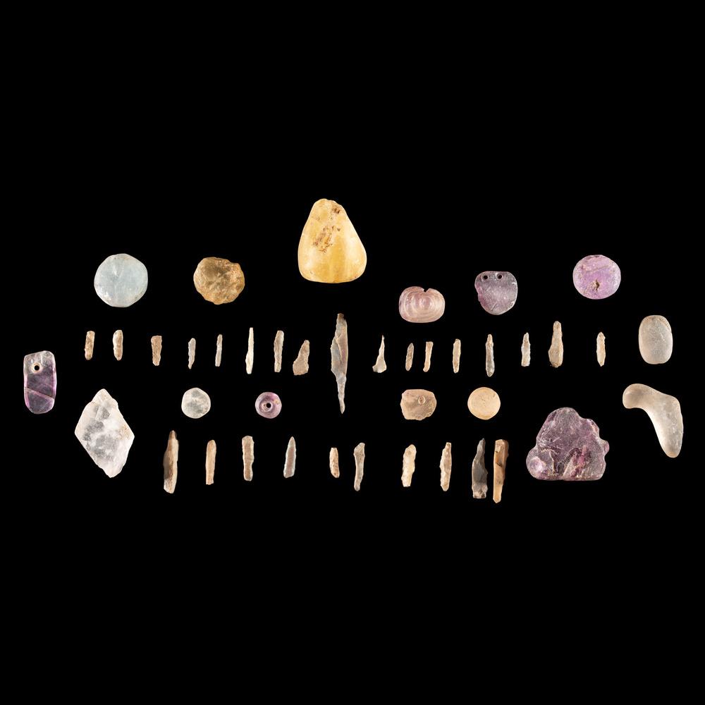 A Frame of Fluorite and Flint Micro Drills, Largest: Mississippian Culture, Late Prehistoric Period, A.D. 1000-1500 lot of 41, longest 1-1/4 in. Published: Gerber, Art, The Art Gerber Story, 2007, pg. 140, fig. 0.080