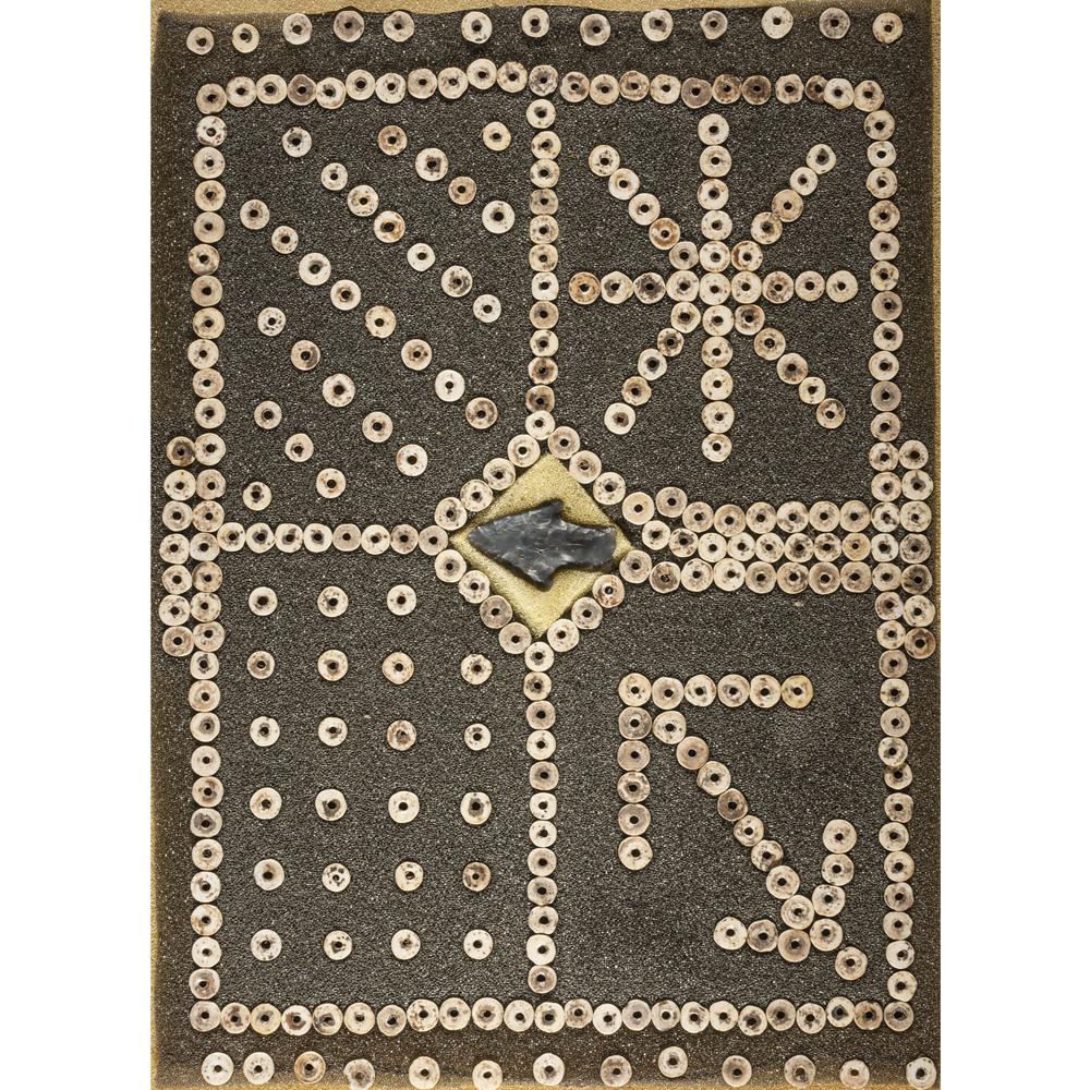A Frame of Shell Beads with A Flint Point, Largest: Archaic - Woodland Period, 8000 B.C. - A.D. 1200 frame of 333, longest 1-3/4 in.