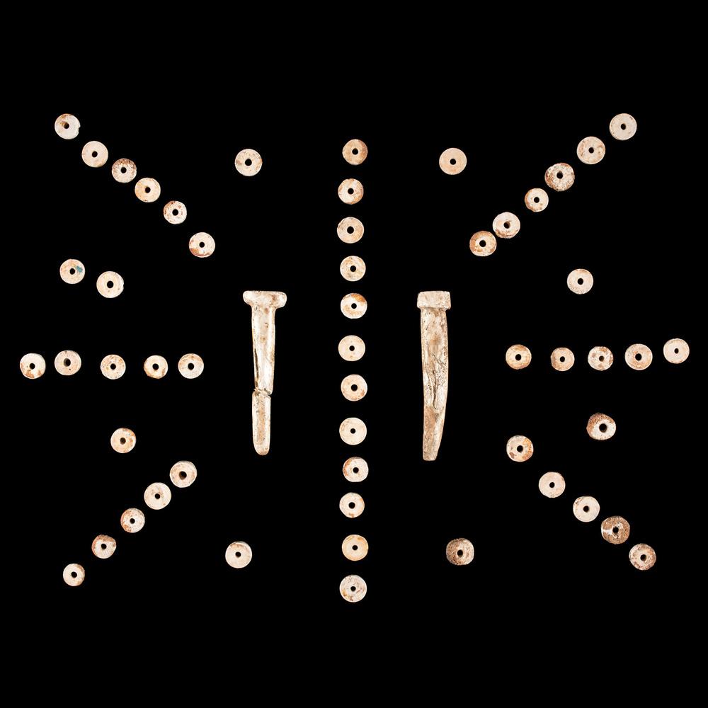 A Frame of Shell Disc Beads and Ornaments, Largest: Archaic - Woodland Period, 8000 B.C. - A.D. 1200 Green River, Kentucky lot of 55, largest 3-1/4 in. Collection History: Found by Mike Meade Published: Gerber, Art, The Art Gerber Story, 2007, pg. 130,