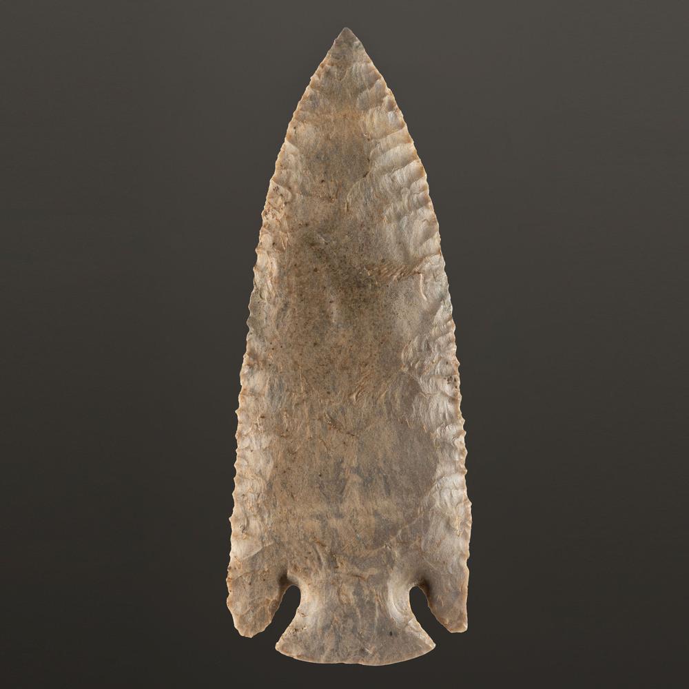 A Lost Lake Point, 4-1/4 in.: Archaic Period, 8000-500 B.C. Owensboro, Davies County, Kentucky Slight restoration to the tip. length 4-1/4 in. Nicknamed "The Christmas Spear," this piece was given to Art as a Christmas present b
