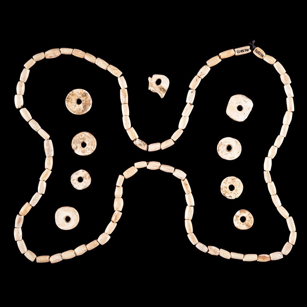 A Frame of Shell Beads, Largest 3/4 in.: Archaic - Woodland Period, 8000 B.C. - A.D. 1200 frame of 96, largest 3/4 in. Collection History: Gerber Collection Number: AG.SB173 & AG.SB195 Published: Gerber, Art, The Art Gerber Story, 2007, pg. 