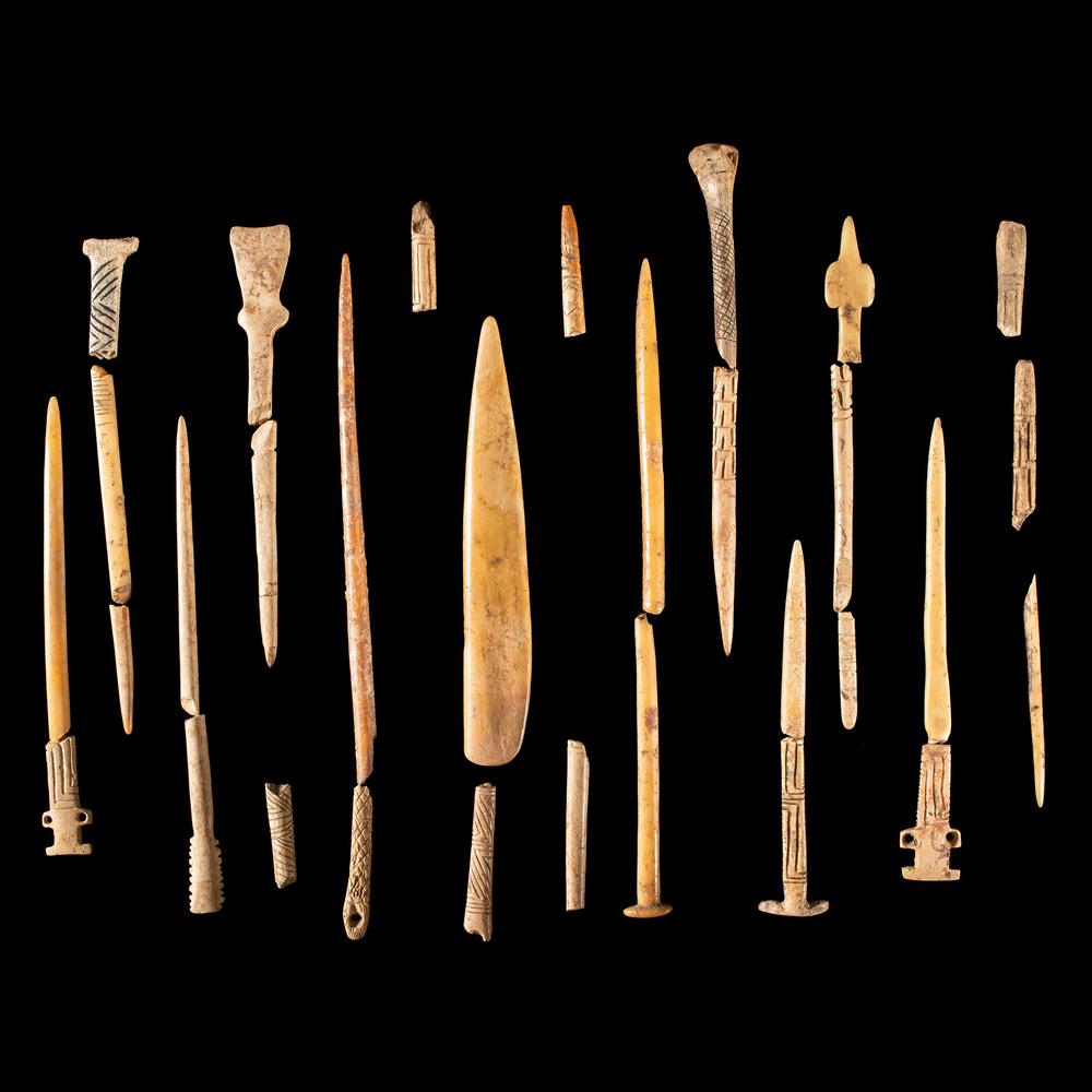 A Frame of Broken Engraved Hairpins, Largest 6 in.: Archaic Period, 8000-500 B.C. lot of 31, longest 6 in. Published: Gerber, Art, The Art Gerber Story, 2007, pg. 244, fig. 231 [few]