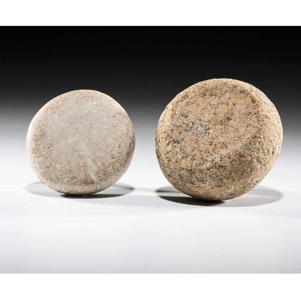 A Pair of Discoidal Preforms, Largest 3-3/4 in.: Mississippian Culture, Late Prehistoric Period, A.D. 1000-1500 lot of 2, largest diameter 4 in. One is a Cahokia Preform and the other is a Biscuit type.