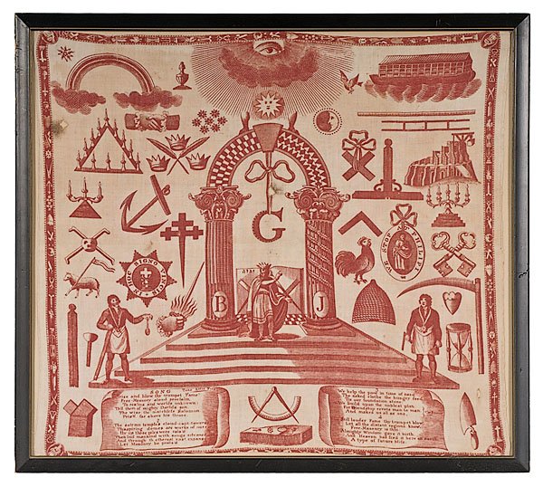 Masonic Kerchief with Song Lyrics to Tune "Attic Fi: Masonic Kerchief with Song Lyrics to Tune "Attic Fire", American, ca 1817, numerous printed emblems in red on natural linen. For a similar piece see, Collins, Threads of History, page 70, fig.53. Ho