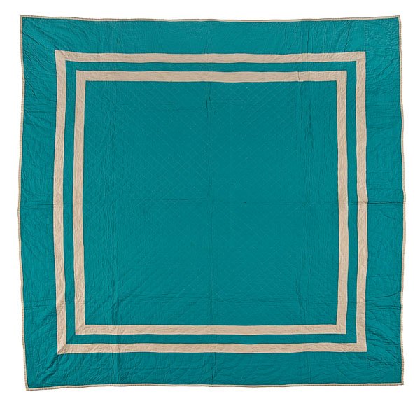 Amish Quilt Dated 1953, : Amish Quilt Dated 1953, treadle machine pieced, hand quilted. Turquoise and cream with a double inside border. All cotton; 75" x 78".