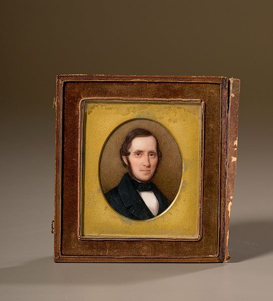 Portrait Miniature on Ivory of a Gentleman, : Portrait Miniature on Ivory of a Gentleman, likely American, ca 1850s. Portrait miniature of a middle aged gentleman, housed in the original brown leather case, with velvet interior; 3" high x 2.5" 